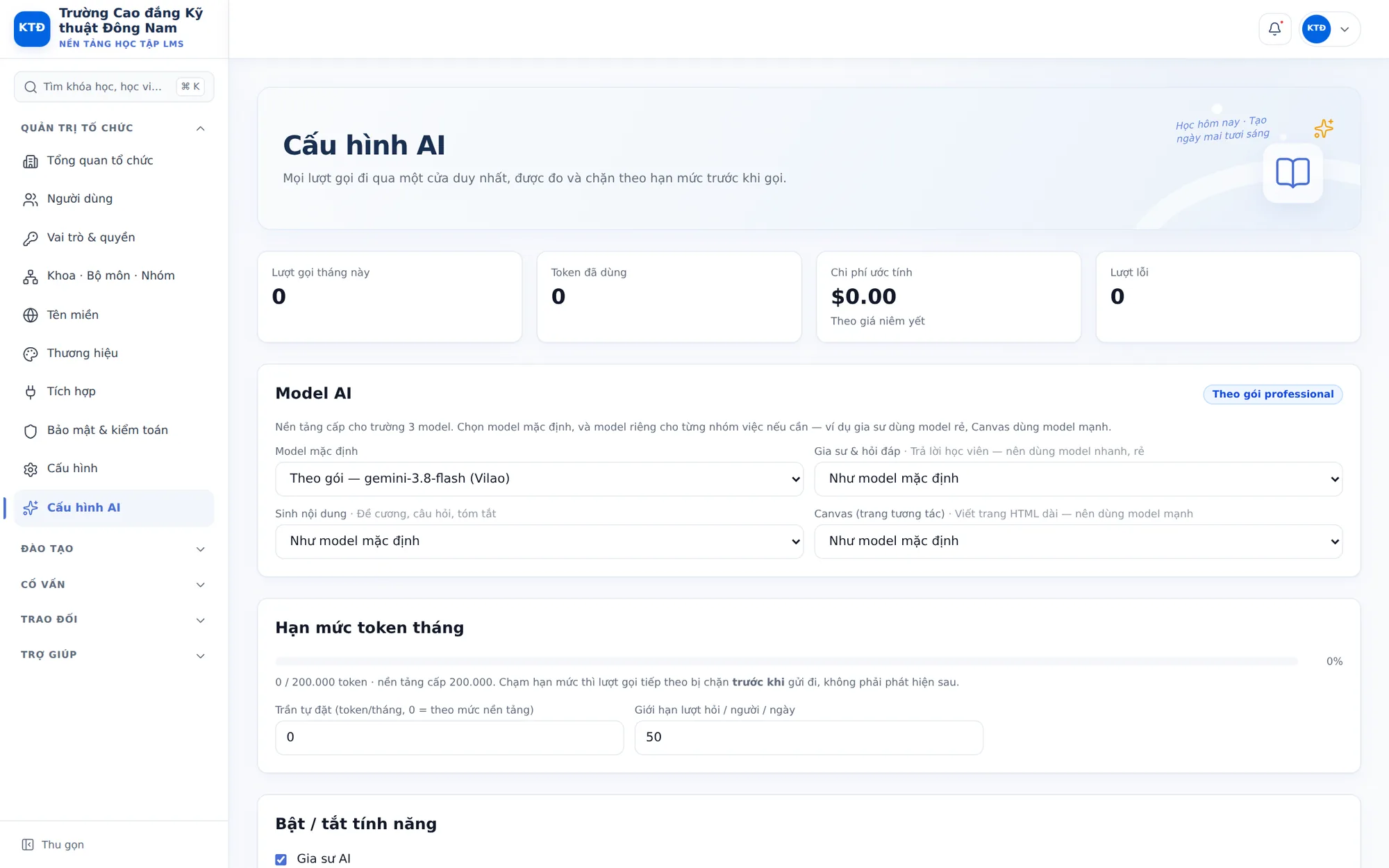 Cấu hình AI: chọn model, hạn mức token tháng, giới hạn lượt hỏi
