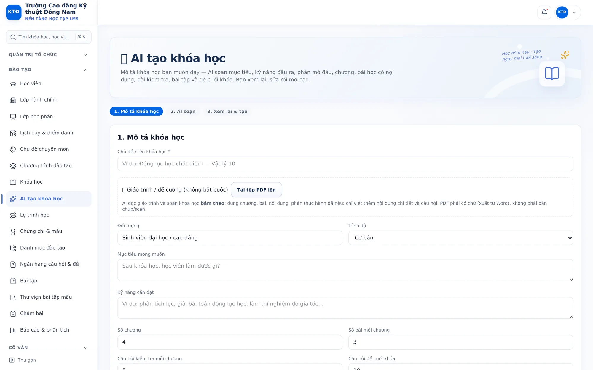 AI tạo khóa học từ mô tả/giáo trình PDF, người soạn duyệt lại